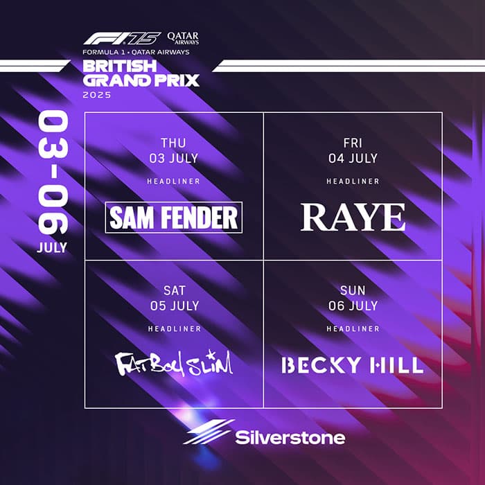 Silverstone Announce  Music Lineup For British Grand Prix 2025 Including Sam Fender, RAYE & Fatboy Slim