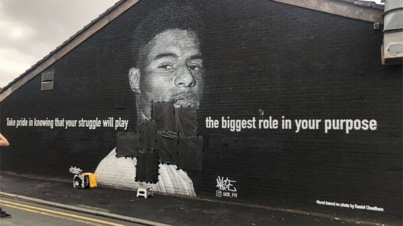 Mural honouring footballer Marcus Rashford has been vandalised with graffiti